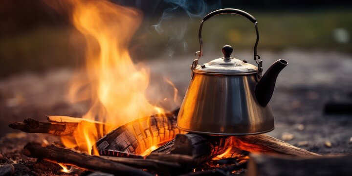 Coffee pot on campfire. Small kettle is heated on a bonfire, photo, adobe stock, insanely detailed copy space