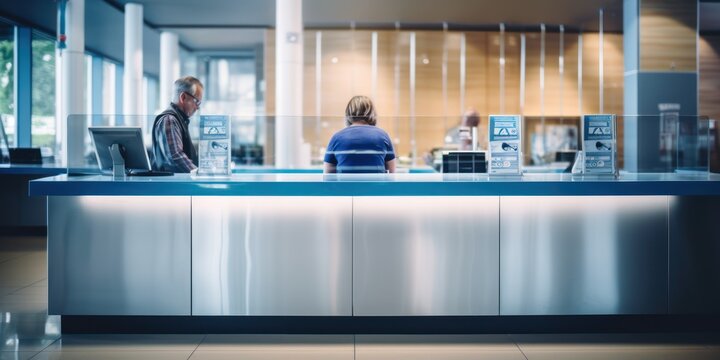 Close up of a public counter in the interior of a small modern bank with customer and clerk photo style high definition copy space 