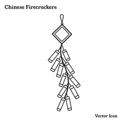 Chinese firecrackers vector icon illustration outline isolated on plain white background. Lunar chinese new year themed monochrome black and white art styled drawing.