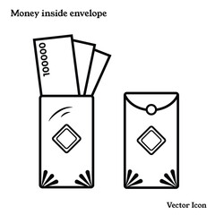 Money inside envelope opened and closed vector icon illustration set collection outline isolated on plain white background. Lunar chinese new year themed drawing.