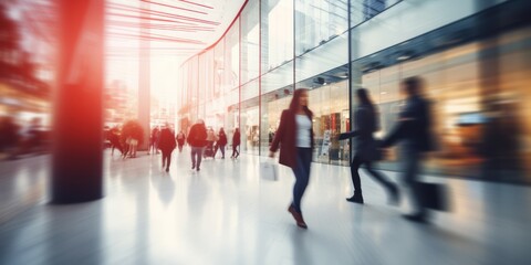 Blur people walking fast at modern mall shopping mall background 