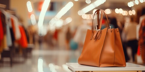 Modern woman hand bag with blur shopping mall background 