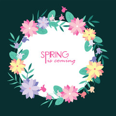frame with flower Hello spring text vector background design. Spring greeting typography with fresh bloom flowers and butterfly elements in empty space for holiday season celebration. Vector 