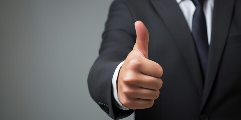 A hand making a thumbs up in a suit copy space