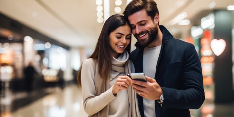 A photo of a happy couple in a shopping mall with smartphones in their hands, blurry background copy space 
