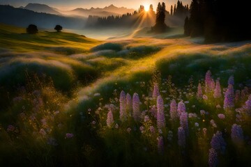 Lush meadows kissed by the first light of dawn, dotted with wildflowers, as a gentle mist hangs in the air. 