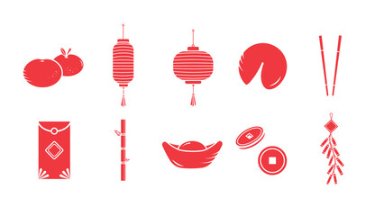 Chinese lunar new year decoration asset vector illustration icon set collection red silhouette shadow isolated on plain horizontal white background. Gong xi fa cai cartoon art styled drawing.
