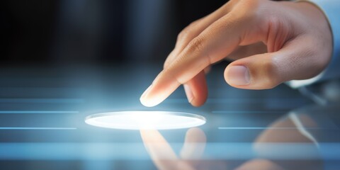 A business man's hand pointing at search button on a touch screen 