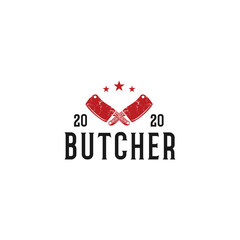 Vintage retro butcher shop label logo design with crossed cleavers