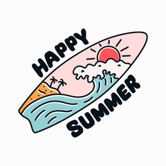 Happy summer the wave and the island in surfboard shape