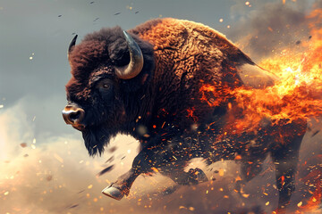 illustration of a flying super buffalo with fire powers