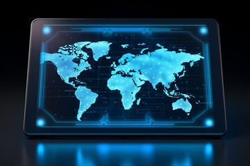 Tablet with projection map on the blue background