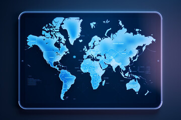 Tablet with projection map on the blue background