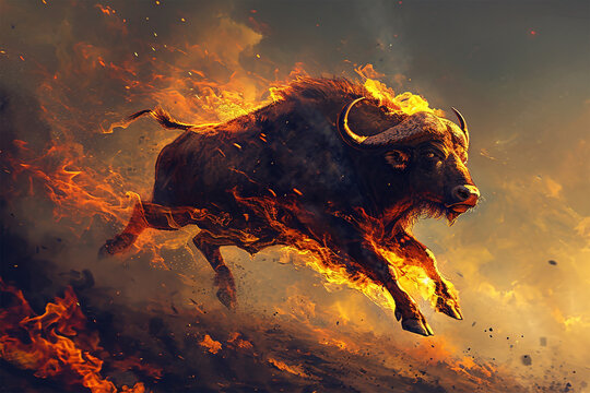illustration of a flying super buffalo with fire powers