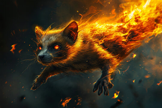 illustration of a flying super civet with fire powers