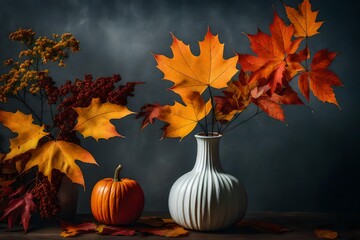 Naklejka na ściany i meble vase with fall foliage in the copy space.
