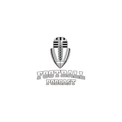 Football podcasts modern logo, an illustration of an old microphone, a ball, and a sports symbol.