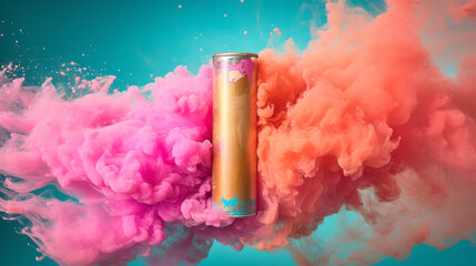 Pink aerosol can with cloud of colored powders stock