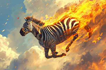 Fototapeta na wymiar illustration of a flying super zebra with fire powers
