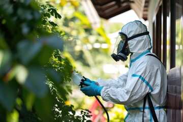 A pest control specialist in protective gear is spraying pesticides - obrazy, fototapety, plakaty