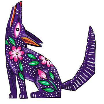 Ilustraci&oacute;n colorida de alebrije coyote mexicano violeta fondo transparente PNG