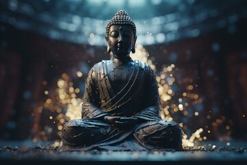 Modern Buddha statue meditating amidst abstract background. Generative AI