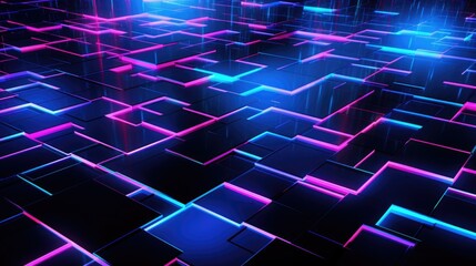Colorful cube floor with blue and pink neon on dark background, dynamic technology background in cube shape with cyber punk style