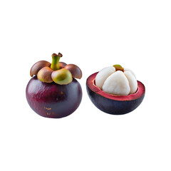 A mangosteen, with its purple and hard skin and white and soft segments, with isolated backgorund