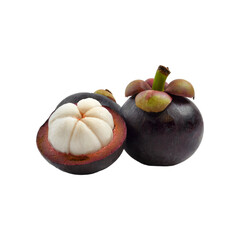 Naklejka na ściany i meble A mangosteen, with its purple and hard skin and white and soft segments, with isolated backgorund