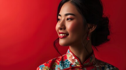 Modern Cheongsam Elegant Happy Asian Woman in Festive Portrait