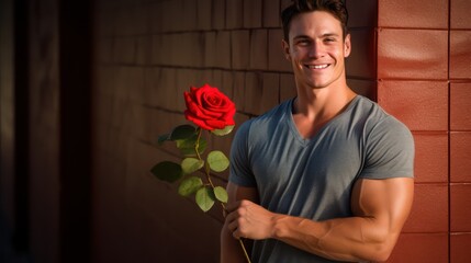 Young Man Smiling with Roses in Closeup
