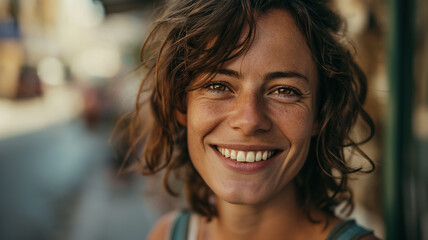 Portrait einer sehr fröhlichen 30 bis 40 jährigen europäischen Frau mit dunkelbraunen Haaren unterwegs outdoor in der Stadt. Strahlendes Lächeln. Querformat 16:9. Generative Ai.
 - obrazy, fototapety, plakaty