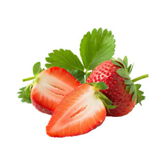 fresh strawberries, fresh slices of a strawberries, fresh strawberries leaf, with isolated background