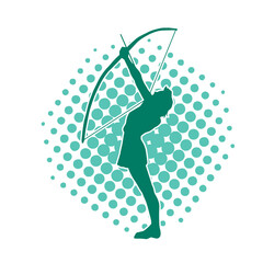 Silhouette of a female archer fighter in action pose with her arrow and bow.