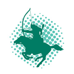 Silhouette of an ancient cavalry soldier aiming with archery weapon. Silhouette of an archer on his running horse.
