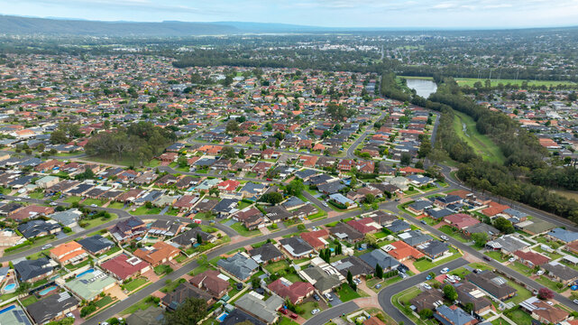 Drone aerial photograph of residential houses and recreational spaces in the suburb of Glenmore Park in the greater Sydney region in New South Wales in Australia