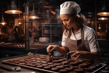 Papier Peint photo autocollant Pain Female pastry chef decorating chocolates in a professional kitchen.