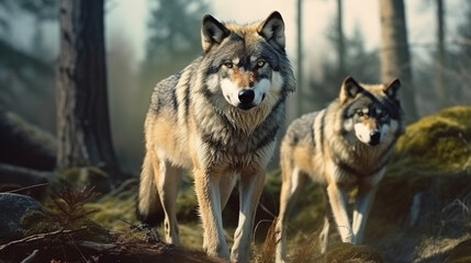 Wild wolfs in nature wilderness. Grey Wolf Animal. AI Generative