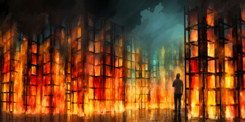 A painting depicts a person standing in front of a burning city, the buildings aflame in the background. - obrazy, fototapety, plakaty