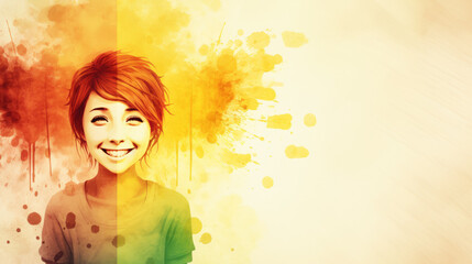 A vibrant, watercolor-style digital painting captures a woman with a happy, spirited expression on her face.