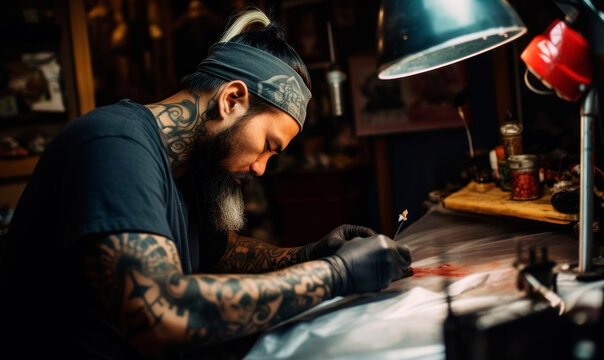 Asian tattoo artist adorned with ink creations, working  new design at his studio