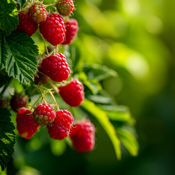 branch of ripe raspberries in a garden on blurred green background 