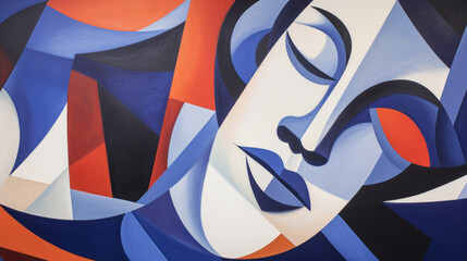A close-up of a woman's face is depicted in a cubist painting, showcasing synthetic cubism and abstract artistry.