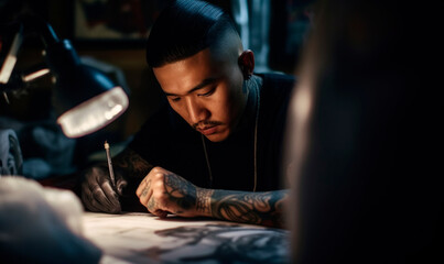 Asian tattoo artist sketches a design illuminated under a warm desk lamp in creative studio