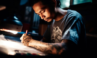 Asian tattoo artist sketches a design illuminated under a warm desk lamp in creative studio