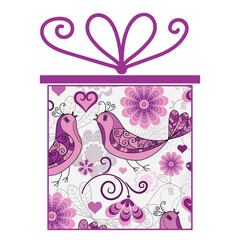Large colorful box with holiday gifts with purple bow isolated on a transparent background. Vector image