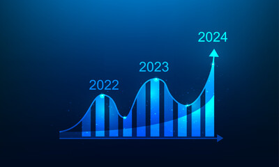 business graph trading 2024 investment increase on blue background. chart arrow growth digital technology. vector illustration fantastic design.