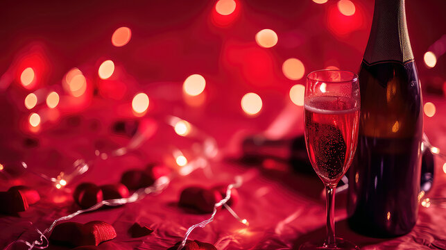 an intimate Valentine's Day setting with handcrafted hearts, a luxury champagne bottle, and delicate lighting on a red background 