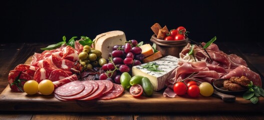 Assorted gourmet meats and cheeses on wooden board with fresh produce. Food catering and luxury dining.