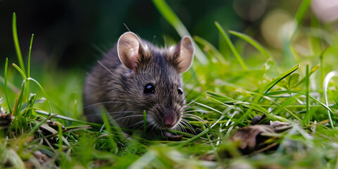 Naklejka na ściany i meble Gray Mouse In The Grass In The Middle Of A Clearing For Wallpaper Created Using Artificial Intelligence